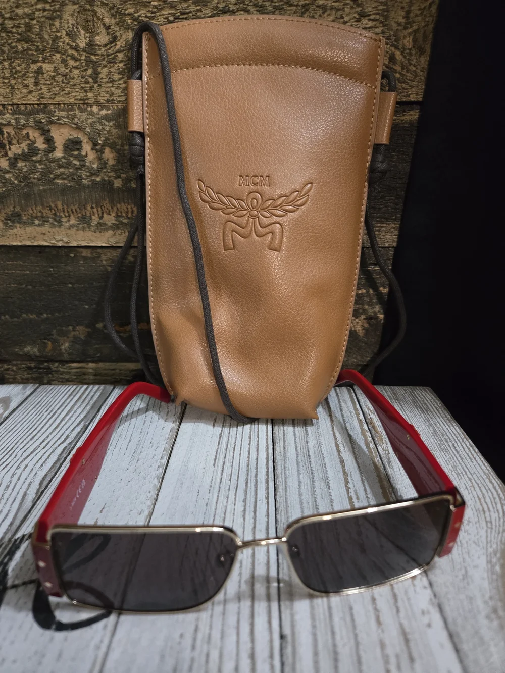 MCM MW0012 32E Red Gold Rectangle Sunglasses + Crossbody Case